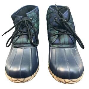 St. John’s Bay Denton Rain Boots Navy Blue Green Plaid Duck Ankle Size 9M